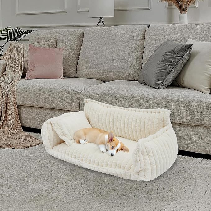 Fluffy Pet Couch for Cats & Dogs, Plush Animal Sofa with Removable Washable Cover,Calming Bed for Small or Medium and Large-Sized Pets, Dark Gray Modern Pet Furniture (White)