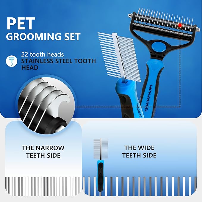Dog Brush for Shedding, Deshedding Dog Brush for Long Haired Dogs, Cat Grooming Set 2 in 1 Undercoat Rake with Flea Comb-Large