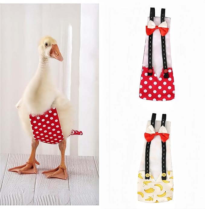 2 Pack Chicken Diapers for Hens, Roosters, Diapers for Ducks, Ducklings, Reusable Pet Diaper with Bow Ties Waterproof Poultry Nappies for Geese Pet Ducks, Red Polka Dots&Banana,S