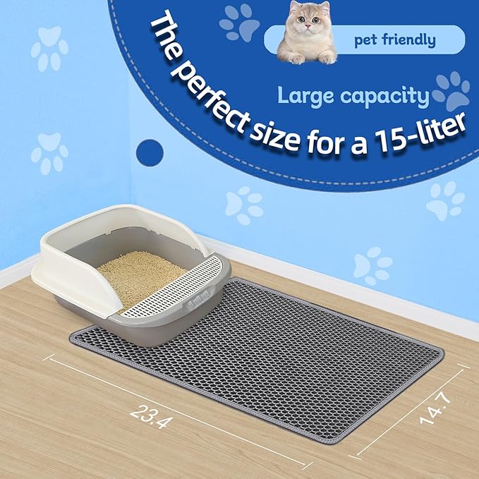 EVA Honeycomb Cat Litter Mat - Cat Litter Scatter Control Mat, 2-Layer Waterproof and Urine-Proof | Non-Slip | Easy Clean | for Single-Cat Households, 23.4"x14.7" Gray