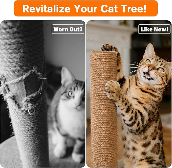4 Pack Cat Scratching Post Replacement, 11.8 x 2.7 Inch Sisal Poles with M8 Screws, Refill Parts for Indoor Cat Towers and Furniture Repair-Brown