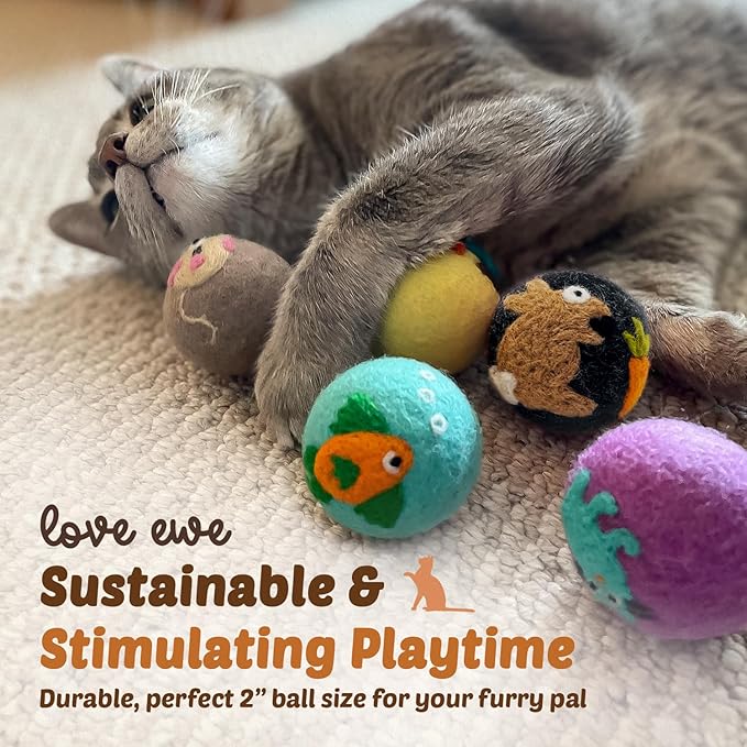 Hustle & Blush Love Ewe Felted Cat Toys 3 Pack - 2 Inch Cat & Mouse Hand Made Cute & Fun Design Kitten Wool Felt Balls for Indoor Play & Exercise - 100% New Zealand Handmade Felted Balls