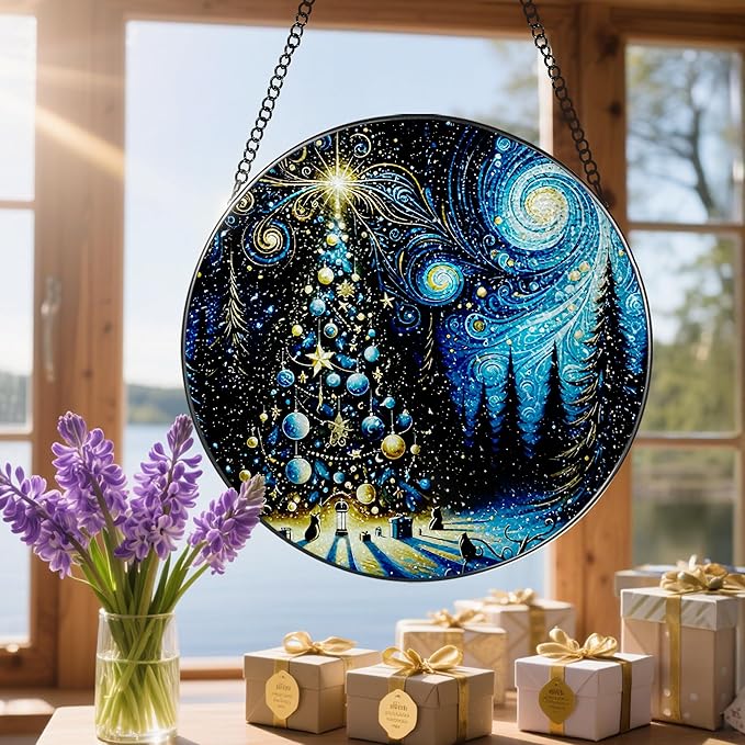 8″ Starry Night Christmas Tree Stained Glass Suncatcher Ornament, Stained Glass Window Hanging — Holiday Window Ornament | Gift for Christmas, Holiday Present Idea, Gift Exchange, Gifts Idea