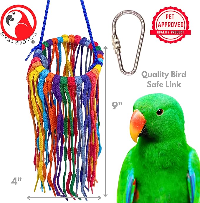 Bonka Bird Toys 51213 Large Aglet Heaven 9" Pk2 Hanging Cotton Shoelace Ring Toy for Medium to Large Birds Like Eclectus Amazons African Greys