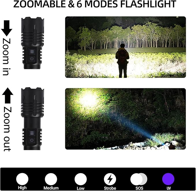 2-in-1 UV Flashlight 365nm & High Lumens LED, 5000mAh Rechargeable Tactical Torch, Zoomable Black Light for Pet Urine Detector, Rock Hunting, Resin Curing, Scorpions