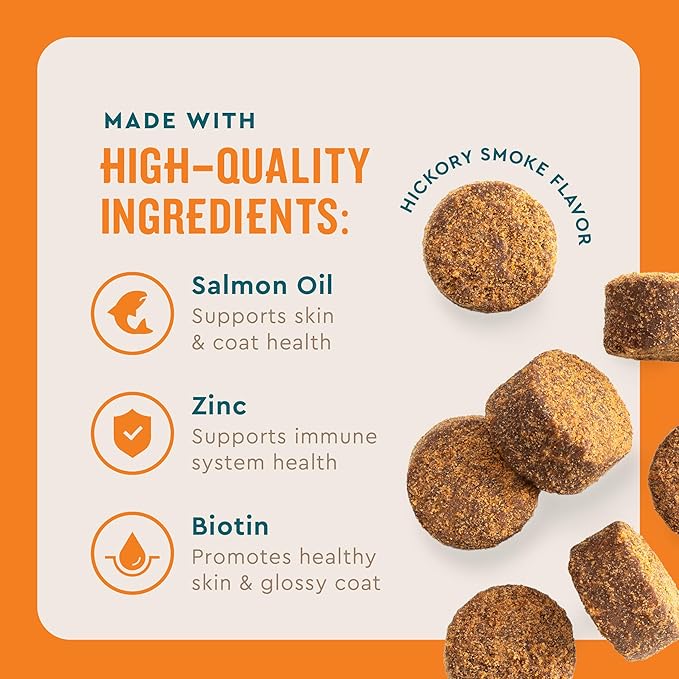 VetIQ Skin and Coat Supplement for Dogs, Helps Maintain Healthy Skin and Shiny Coat, Hickory Smoke Flavor Dog Chew, Made in The USA, 60 Count