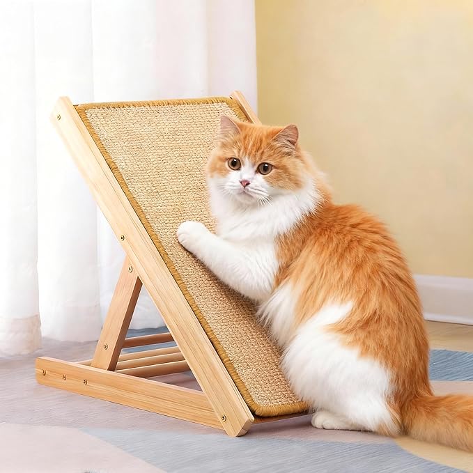 Sisal Cat Scratcher, Wood Vertical Cat Scratcher Pad No Assembly Required, Cat Scratching with Cat Teasing Stick for Indoor Cats, Size L16.5 x W11.4 x H13