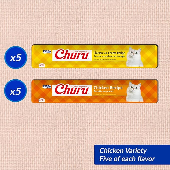 INABA Churu Cat Treats, Lickable Purée Treat/Topper with Vitamin E, 5 Chicken Recipe, 5 Chicken with Cheese Recipe