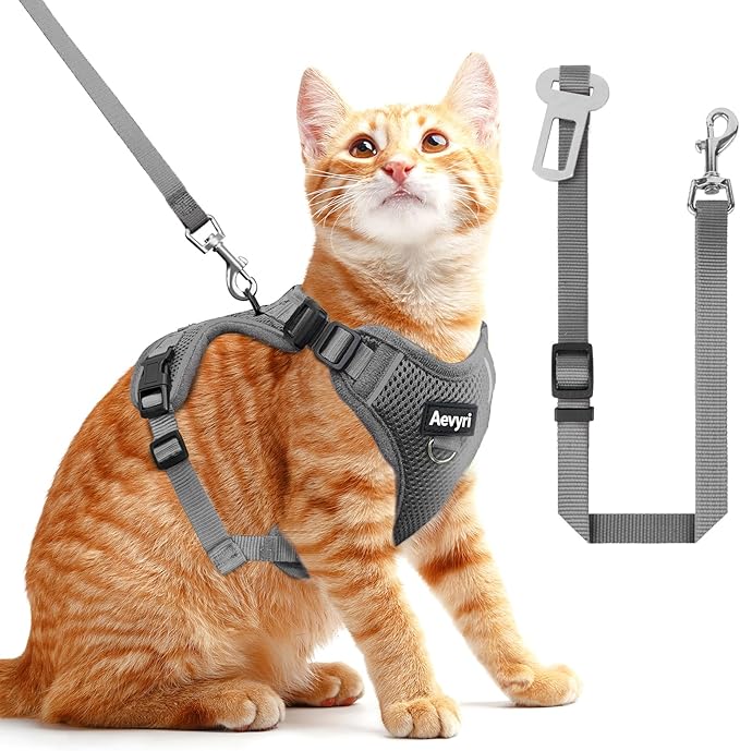 Cat Harness and Leash Set for Walking Escape Proof, Adjustable Soft Kittens Vest with Reflective Strip for Cats, Comfortable Outdoor Vest, Cat Car Leash, Grey, M
