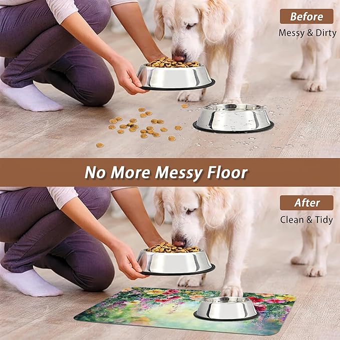 Abstract Spring Flowers Dog Food Mat for Floors,Blossom Ivy Colorful Absorbent Pet Food and Water Bowl Mats,Non-Slip Pet Feeding Mat,Pet Supplies 16" x 24"