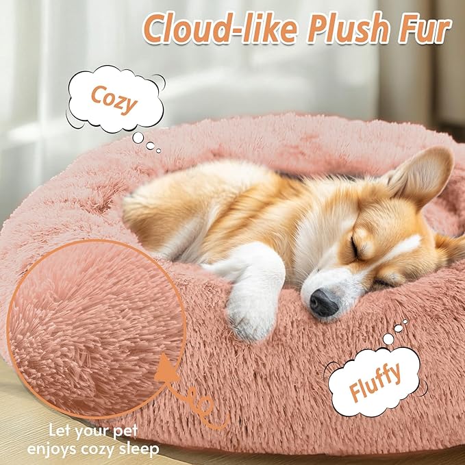 JOLLYVOGUE Calming Dog Bed Medium Size Dog, Anti-Anxiety Donut Medium Pet Bed, 27 inches Fluffy Faux Fur Round Cat Bed (Peach Pink)