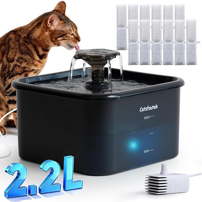 Cat Water Fountain, 74oz/2.2L Catsfoutek Pet Water Fountains for Cats Indoor, 12 Set of Filters Automatic Cat Water Dispenser with 2 Ultra Quiet Pump- for Pets and Small Animals, Black