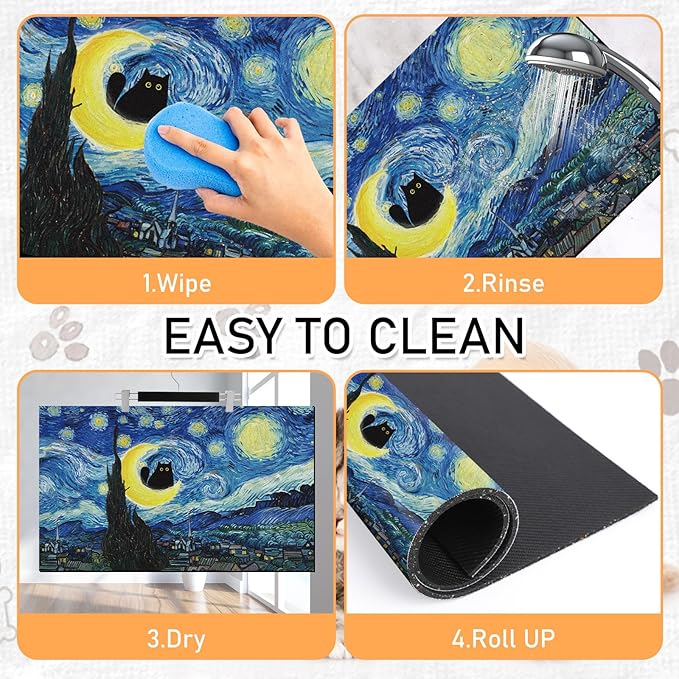 Dog Food Feeding Mat - Absorbent Diatomite Pet Dog Cat Bowl Mats for Food and Water, Anti Slip Dog Bowl Placemat for Floors, Quick Dry Pet Dish Matts Supplies, Black Cat Style, 12 * 20in