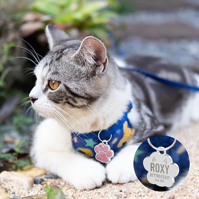 EDSG Cat Dog Tags Personalized for Pets, Dog Name Tags Cat Name ID Tag, Engraved Dog Tags Dog ID Tags Small Glitter Bling ID Tag Paw Print for Cat Pet Dog Puppy(Red,Design 1)