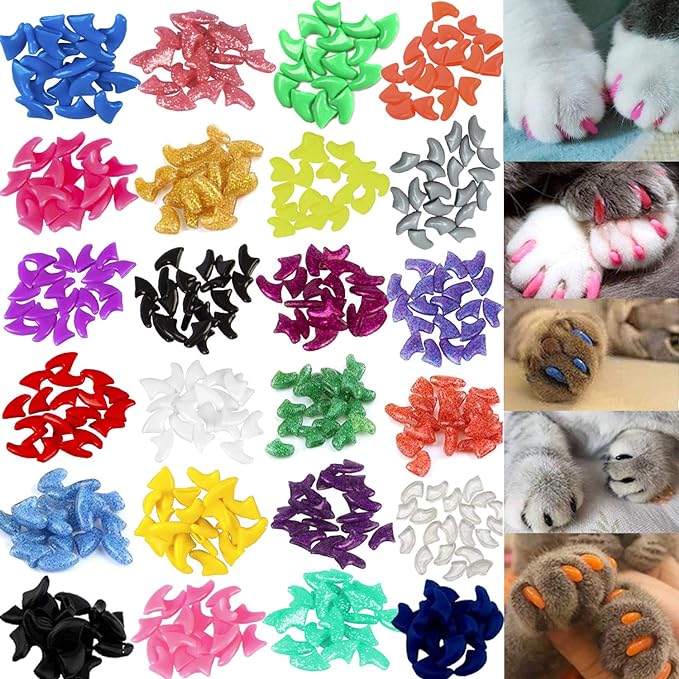 VICTHY 140pcs (14 Colors) Cat Nail Caps, Cat Claw Covers Cat Nail Covers with Adhesives and Applicators (Large)