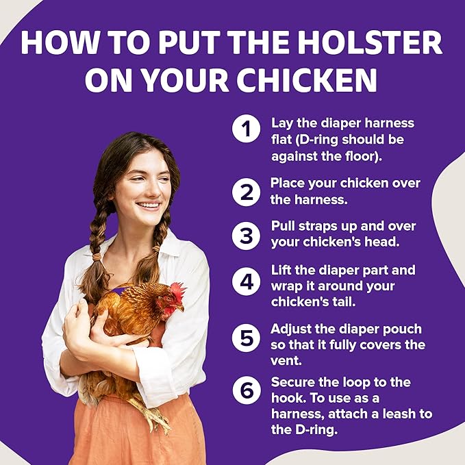 Hen Holster Premium Starter Kit - Bird Diaper, Wrap Around for Hens, Roosters, Ducks - Leak-Proof, Comfortable Bird Harness with Sewn-in Liner, Secure Hook & Loop Closure - Large, Purple