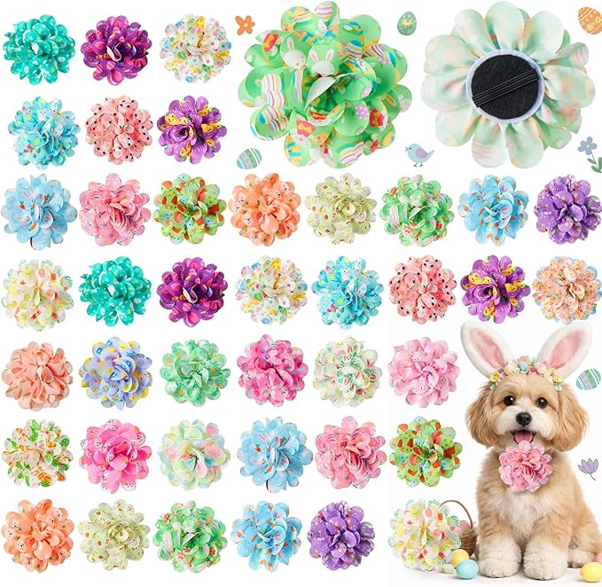 50 Pcs Easter Dog Collar Flowers Bulk Rabbits Chicks Eggs Carrots Flowers for Dog Charms Grooming Accessories Bowtie Flower for Puppy Cat Collar Attachment Embellishment Easter Party Costume
