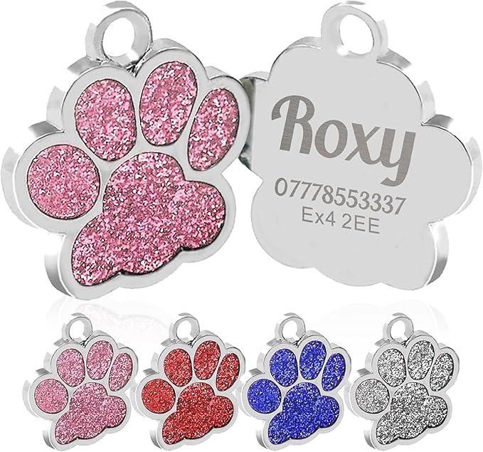 EDSG Cat Dog Tags Personalized for Pets, Dog Name Tags Cat Name ID Tag, Engraved Dog Tags Dog ID Tags Small Glitter Bling ID Tag Paw Print for Cat Pet Dog Puppy(Red,Design 1)