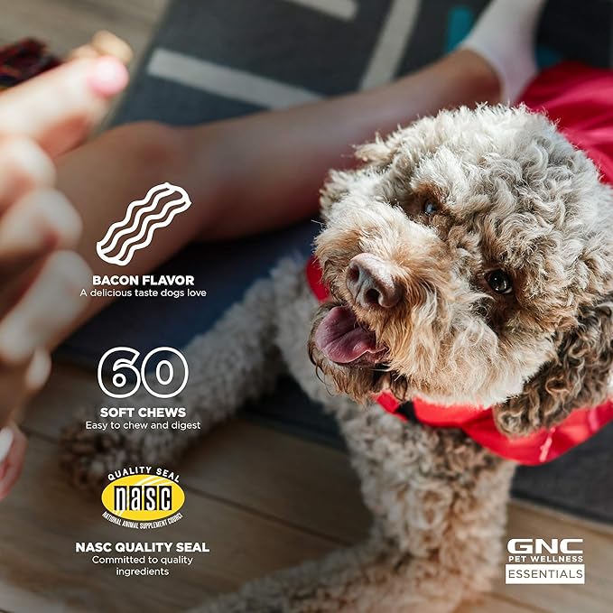 GNC Pets Essentials Calming Soft Chews for Dogs, Bacon Flavor Calming Supplement with Chamomile, Passion Flower, L-Tryptophan and Thiamine for Puppies and Adult Dogs, 60 Count