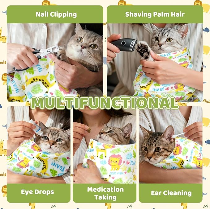 27.6" Cat Grooming Wrap for Cutting Nails, Lion Pattern Self-Adherent Fabric Wrap for Cats, Anti-Scratch Anti-Escape Multifunctional Cat Swaddle Tool for Teeth Brushing, Ear Cleaning