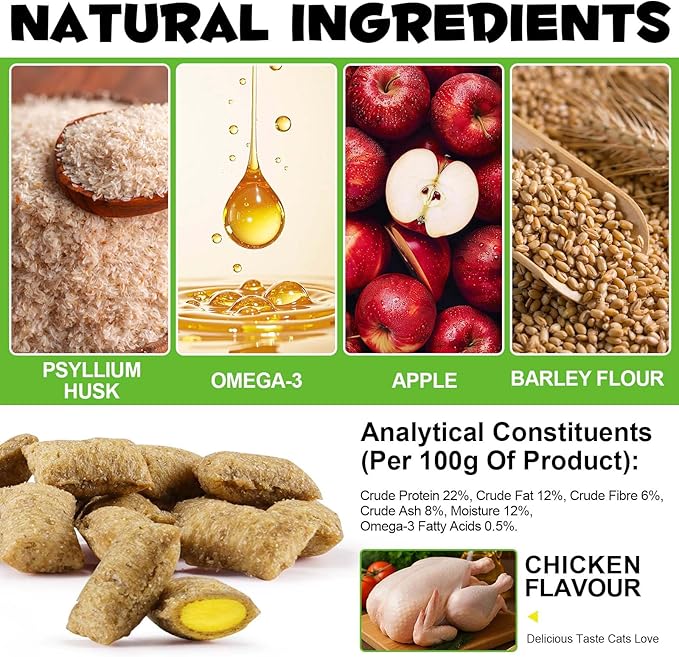 Hairball Treatment for Cats & Kittens, Cat Hairball Support Crunchy & Creamy Chews for Cats,Hairball Control & Relief Treats with Cat Grass,Apple Pomace & Omega-3 Fish Oil,Supports Healthy Skin Coat