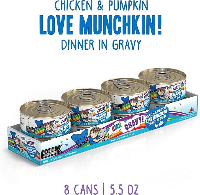 Weruva B.F.F. OMG - Best Feline Friend Oh My Gravy!, Love Munchkin! with Chicken & Pumpkin in Gravy Cat Food, 5.5oz Can,(Pack of 16)