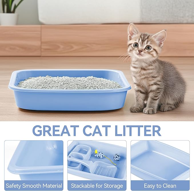 PAWISE Kitty Litter Box Set 5-Pieces - Shallow Cat Litter Pan, Cat Litter Scooper, Feeding Bowls, Kitten Starter Kit Mouse Toy, 14.5x10.5 Inches, Blue
