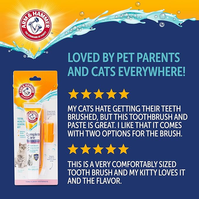 Arm & Hammer Complete Care Cat Dental Kit, Tuna Flavor Enzymatic Cat Toothpaste, Dual-Head Toothbrush & Finger Brush, Baking Soda + Calcium, Fluoride-Free Formula, 2.5 oz