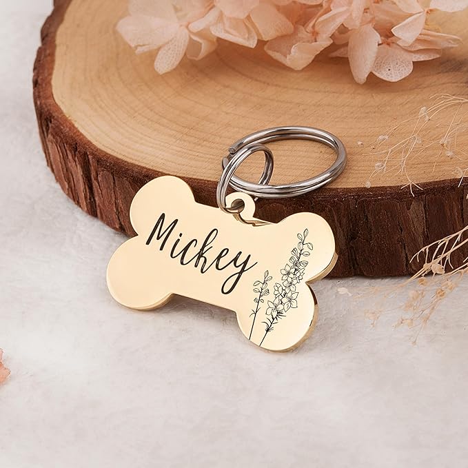 Anavia Floral Pet ID Tags, Birth Month Flowers Theme Dog Tag Round Bone Shape Cat Name Tag, Glossy Stainless Steel Gold Plated Dog Collar Tag (Bone Shape - Rose Gold, Small)