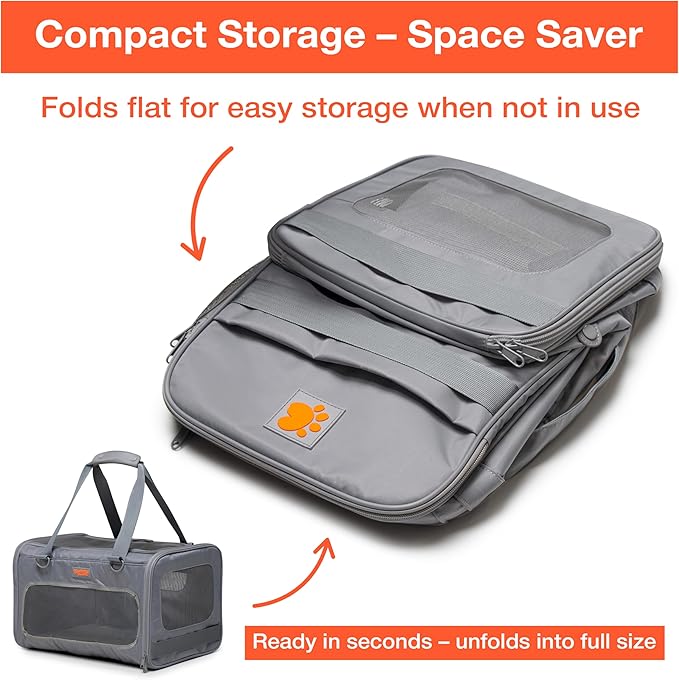 Airline Approved Dog & Cat Carrier (Gray) – Soft-Sided, Foldable Pet Travel Bag for Small Dogs, Puppies, & Large Cats (Up to 12KG) – TSA Approved, Anti-Scratch Mesh & Locking Zippers