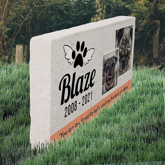 Personalized Pet Memorial with Keepsake Photo on Limestone - Headstones, Garden Stones, and Grave Markers for Dogs - Dog Memorial Stone, Pet Memorial Gifts - 12”x 6”x1.25" C (C. Blaze Design)