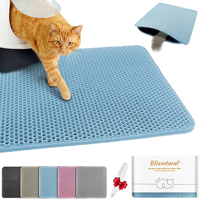 Waterproof Cat Litter Mat, Double Layer EVA, Odor-Free Large Grid, Urine Proof, Easy Cleanup (Blue, 16 x 20)