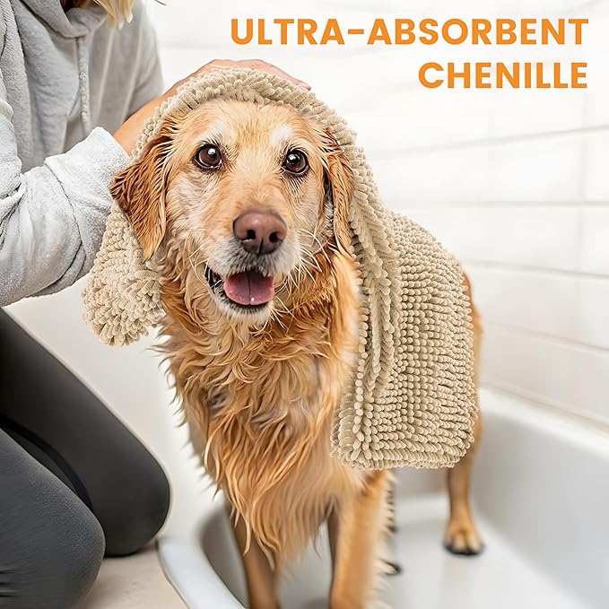 Smiry Chenille Dog Drying Towel, Extra Absorbent Bath Towel for Mud Dogs, Ultra Soft Quick Dry Pet Wash Mitt for Bathing, Grooming and Post-Walk Cleaning (31x13 Inches, Beige)