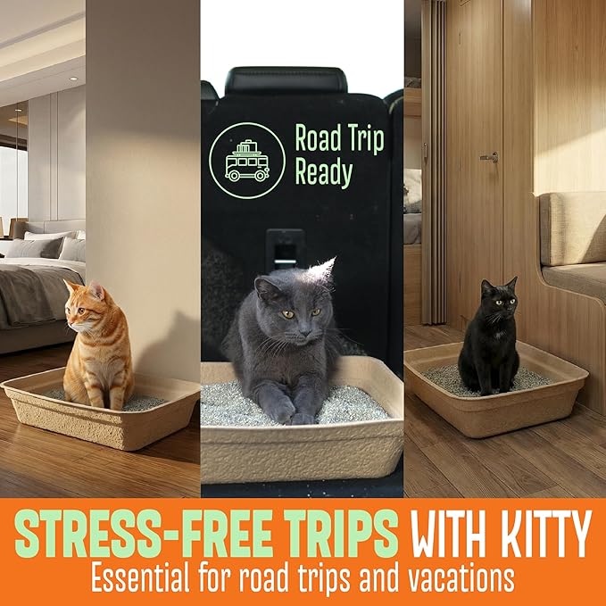 CallieCo Disposable Cat Litter Boxes - Portable Biodegradable Travel Litter Box for Cats, Sturdy and Durable Kitty Poo Box, Leak-Resistant Cat Tray Liners, Easy-Grip Rim, Large - 8 Pack