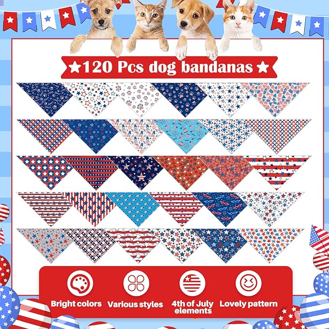 Sanwuta 120 Pcs Dog Patriotic Bandana Bulks 4th of July Bandanas Independence Day Pet Scarf Soft Triangle Scarfs for Small and Medium Pets, 30 Styles