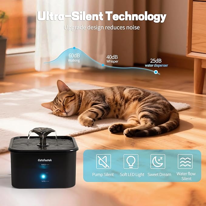 Cat Water Fountain, 74oz/2.2L Catsfoutek Pet Water Fountains for Cats Indoor, 12 Set of Filters Automatic Cat Water Dispenser with 2 Ultra Quiet Pump- for Pets and Small Animals, Black