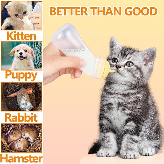 Pet Feeding Bottle,3 Pack Wide Mouth Angled Nursing Bottle, 3 Sizes Nipples with Ventilation Valve Resistant Tearing Perfect for Puppies, Kittens, Small Wildlife(Yellow)