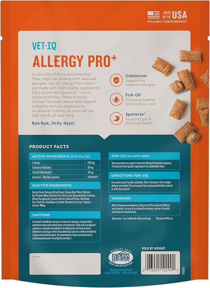 VetIQ Allergy Pro+ Relief for Cats, Cat Allergy Supplement & Vitamins with Probiotics, Fish Oil, Tart Cherry, Skin & Coat Support, Sneezing & Itching Relief, Seasonal Allergies, 3.7oz