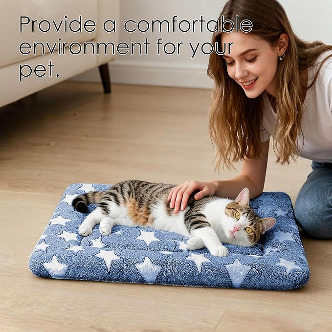 Dog Bed Mat for Crate, Soft Kennel Pad, Durable Comfort Mat for Dogs and Cats, Home and Crate Use (NavyBlue&Star, 18"*14"*1.5")