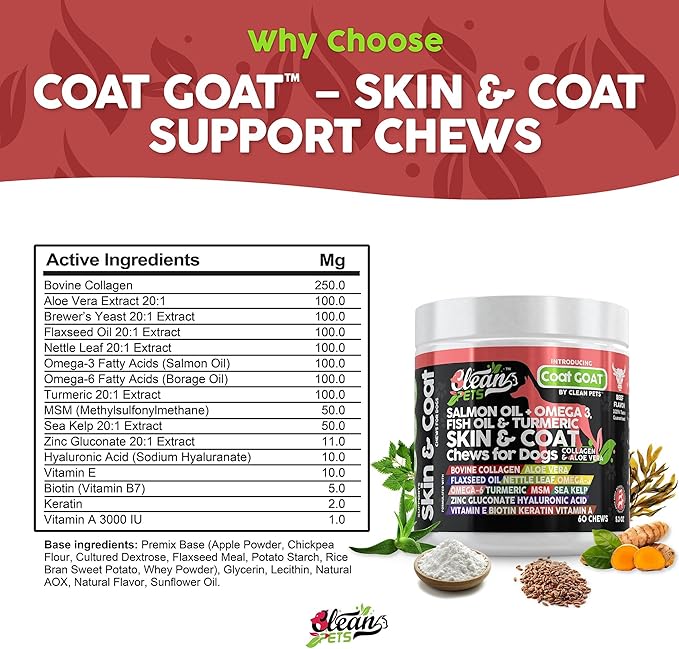 Clean Pets Salmon Oil Omega 3 Fish Oil for Dogs Skin and Coat Supplement | Dog Collagen Aloe Vera Biotin Keratin Flaxseed Nettle Leaf Sea Kelp Hyaluronic Acid Brewers Yeast Vitamin A - Coat Goat
