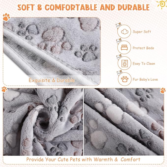 Tatuo 4 Pcs Dog Blanket for Pet Puppy Teething Toys Paw Print Fleece Blanket for Pet Cat Soft Warm Sleep Mat Guinea Pig Cage Mat(Medium(30 x 20.5 Inch),Gray)