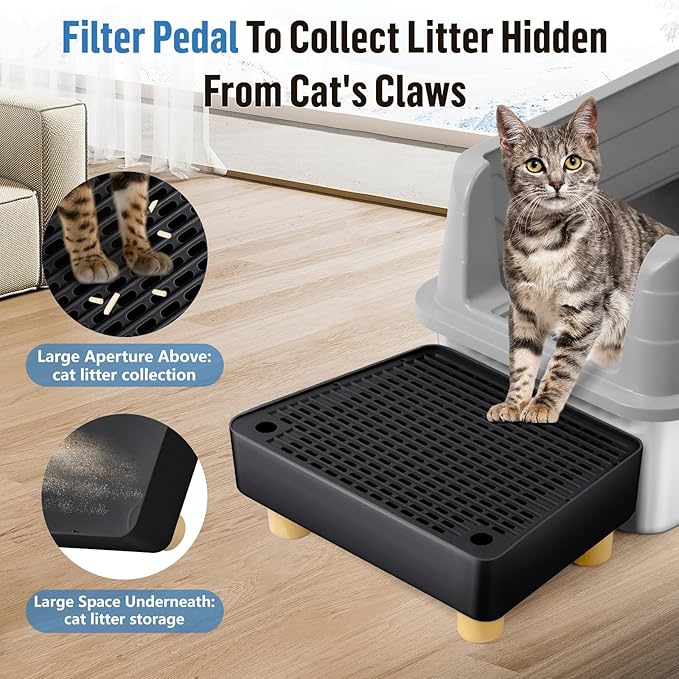 Extra Large Cat Litter Box Step Ramp, Cat's Litter Catcher Mat with Wooden Feet, Filter Function, Pedal Stool for Self-Cleaning Cat Litter Box, Ideal for Kitten & Elderly Cats (Black)