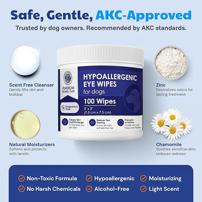 American Kennel Club Pet Eye Wipes for Dogs & Cats – Tear Stain Remover & Eye Discharge Cleaner – Hypoallergenic Grooming Wipes, 100 Count (Unscented)