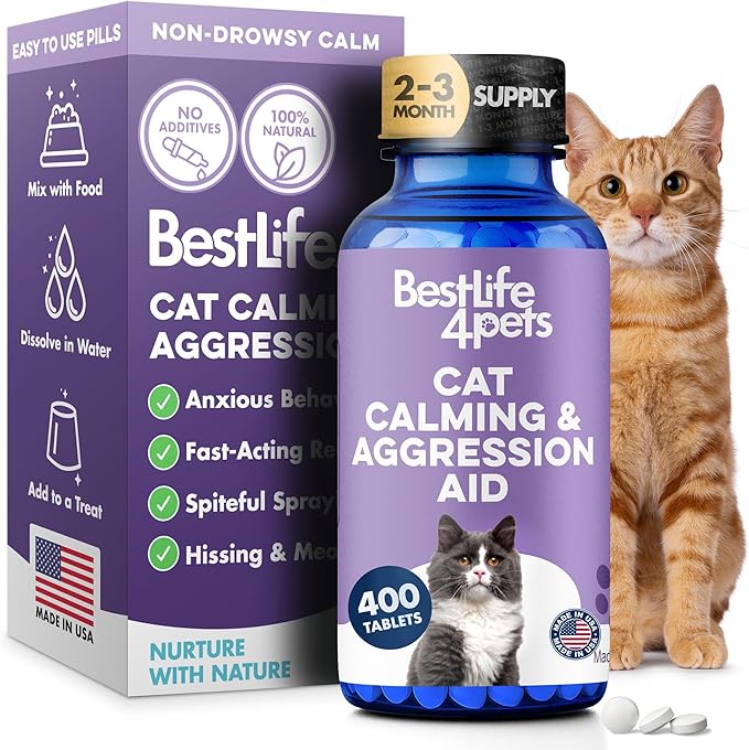 Anti Aggression for Cats Calming Remedy, A Natural Diffuser and Cat Calming Aid for Stress, Spiteful Spraying, Scratching & Territorial Behavior, Non-Drowsy, 400 Odorless, Tasteless Pills