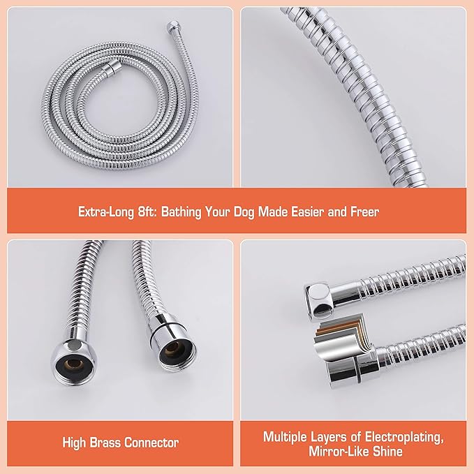Dog Shower Attachment Kit with Handheld Sprayer – 8FT Flexible Stainless Steel Hose +Shower Arm Diverter – High Pressure Pet Bath Wand for Medium & Large Dogs, Long Thick Coat, Indoor All-Year Use