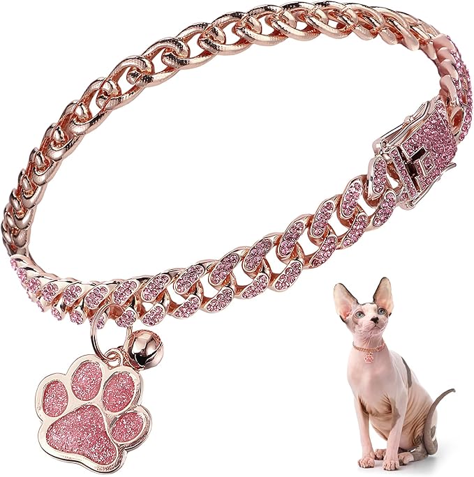 Hillban Cat Collar Diamond Chain Glitter Collar Walking Metal with Secure Buckle Cat Pet Necklace with Paw Charm and ID Tag Bell Link Cuban Jewelry Accessories Gift(12 Inch,Rose Gold, Pink)