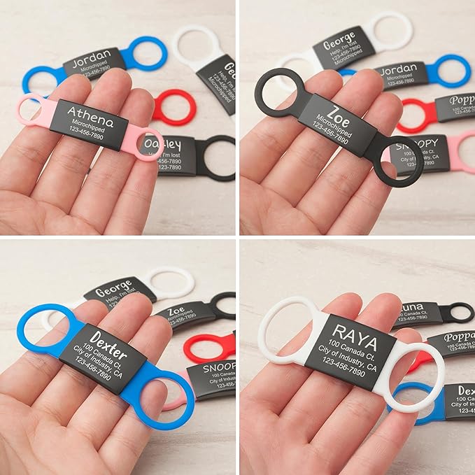 Anavia Slide On Silent Pet ID Tags, S/M/L/XL Personalized Black Stainless Steel Colored Silicone Cat Dog Name Tag, Customized Engraved Nameplate, Quiet Chew-Proof Pet Collar Tag (Red, Small)