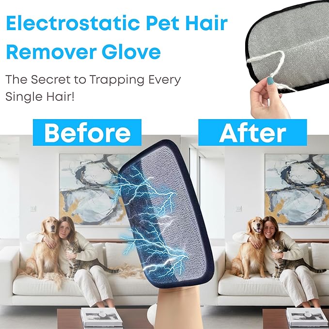 Reusable Pet Hair Remover Glove – Electrostatic Fur Removal for Cats & Dogs, Cleans Couch, Furniture & Clothing Fast – Wash, Dry & Use Again - Gentle with Soft Fabrics.
