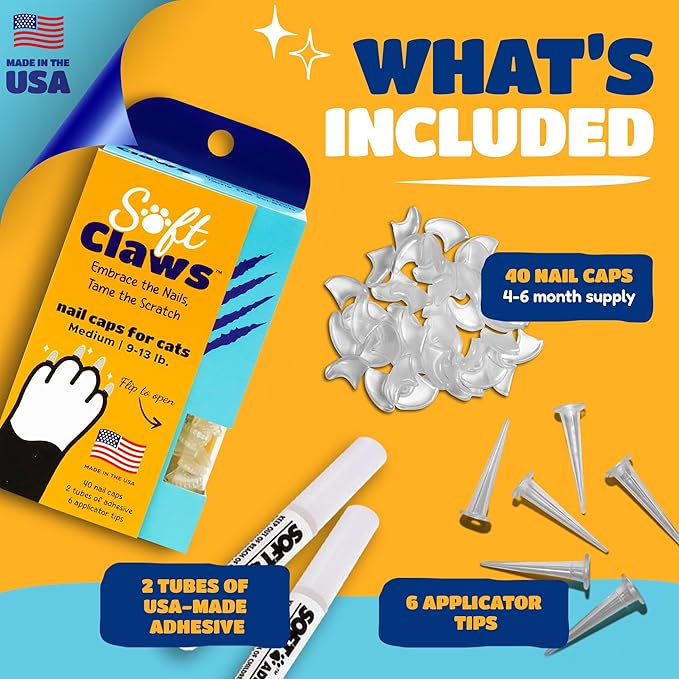Soft Claws Cat Nail Caps for Medium Cats – (40 Caps, Green and Orange)-Made in USA - Veterinarian-Developed | Protects Furniture & Skin - Easy to Apply, Long-Lasting Anti-Scratch Soft Cat Claw Covers