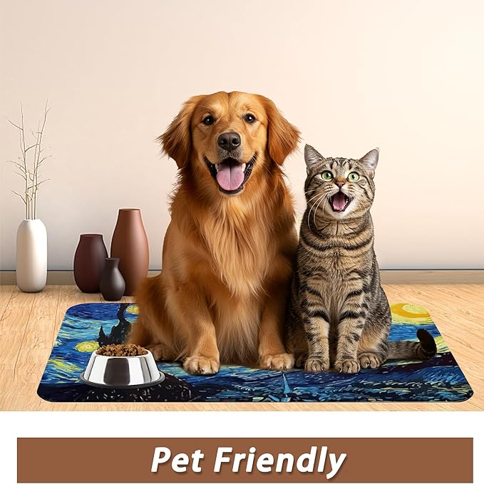 Starry Night Dog Cat Food Mat,Absorbent Pet Feeding Mat for Food and Water,Non-Slip Dog Bowl Mats Floor Protector 16"x24"